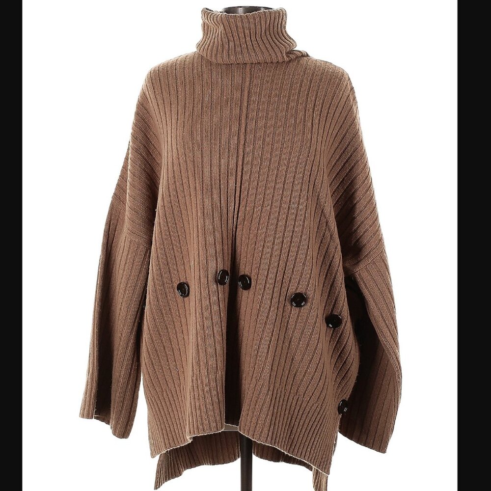 JOSEPH Camel Wool Button Embellished Poncho Sweater Turtleneck Womens Large L